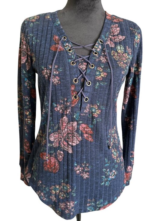 Vintage X America Tops - Vintage X America Womens Floral Long-Sleeve Lace-Up Ribbed Knit Top S Navy Multi